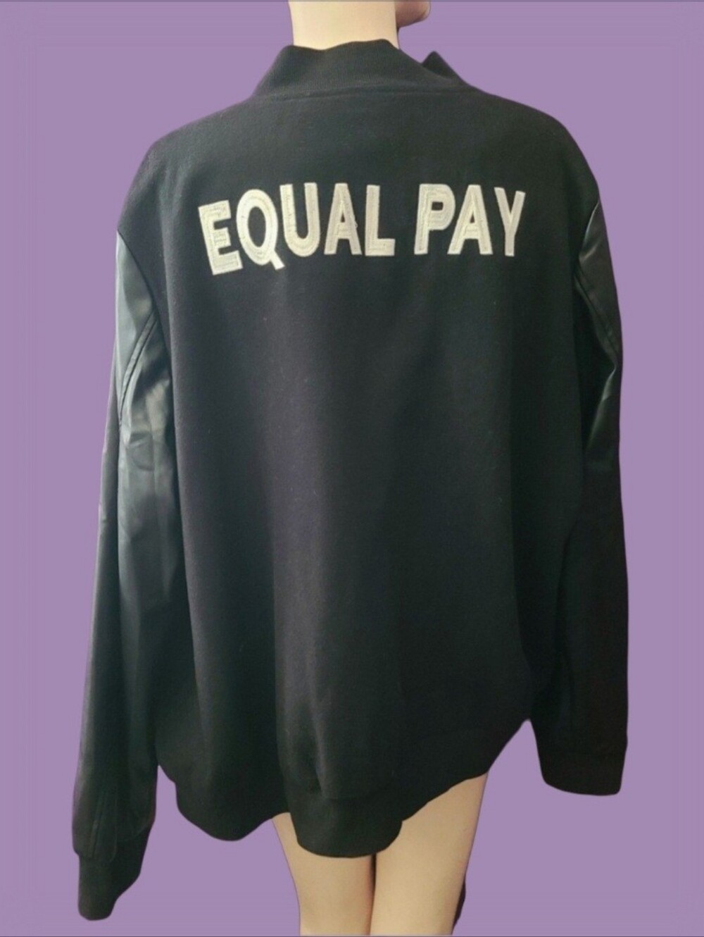 Hilary MacMillan "Equal Pay" Vegan Leather Varsity Statement Jacket
